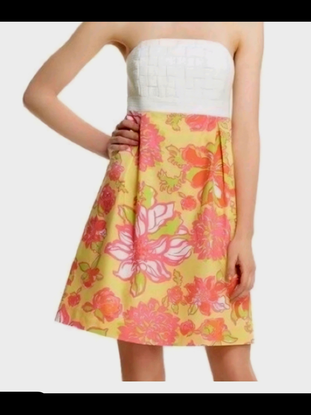 Lilly Pulitzer Strapless Yellow Dress with Pink Floral Print